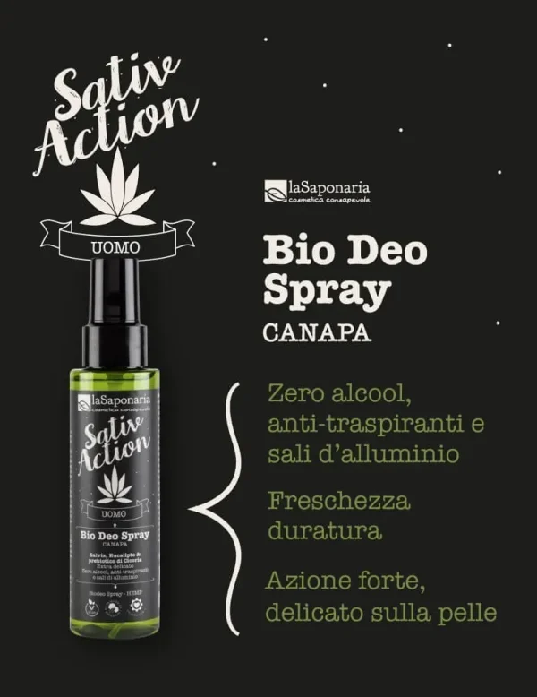 SativAction bio deo spray canapa, 100 ml, con estratti di Canapa Sativa. La Saponaria - immagine 3