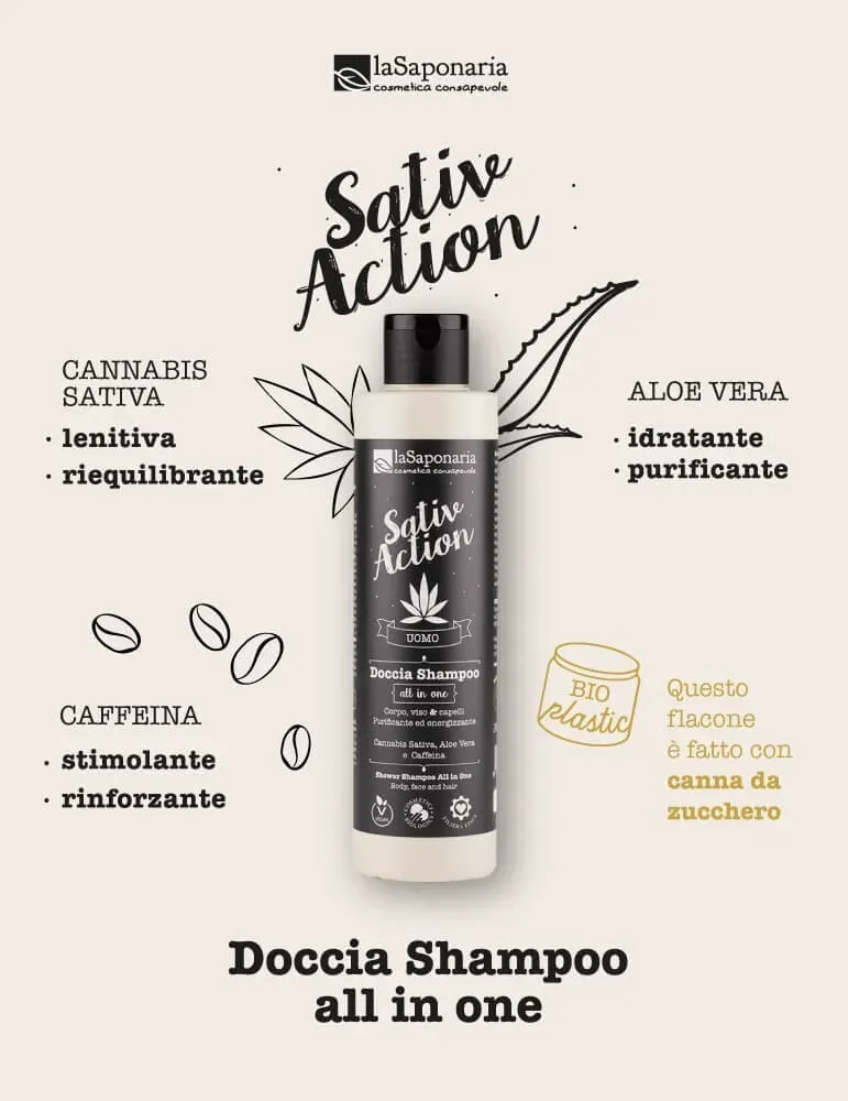 SativAction doccia shampoo all in one, 200 ml, con estratto di Canapa Sativa. La saponaria - immagine 3
