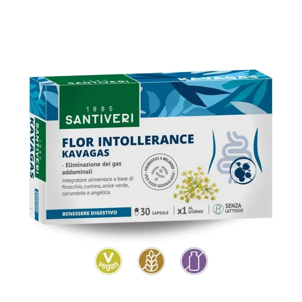 Kavagas Flor Intollerance 30 caps, promuove l’eliminazione del gas gastro-intestinale. Santiveri