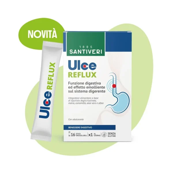 Ulce Reflux 16 Stick, pronto all’uso lenisce lo stomaco utile per il reflusso. Santiveri